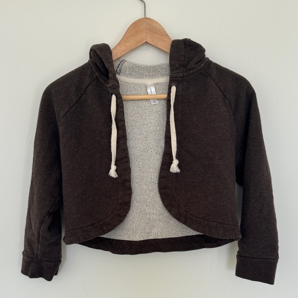 GAP Cropped Hooded Shrug in Dark Brown with Cream Drawstrings